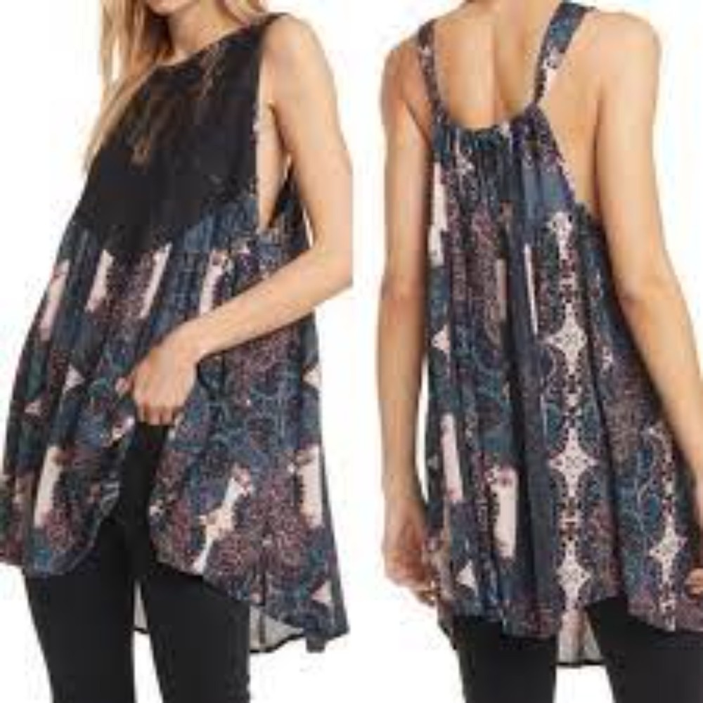 Free People NWT Count Me In Trapeze Sleeveless Tunic Dress Black Combo Small New